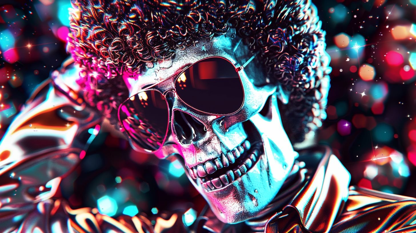 Prompt: skeleton with a curly afro, sunglasses, star, video glitches, cinema4d, mosaic, ansin, cyberpunk --ar 16:9 --sref https://s.mj.run/X-dXKRVOo7Q --stylize 250 --v 6