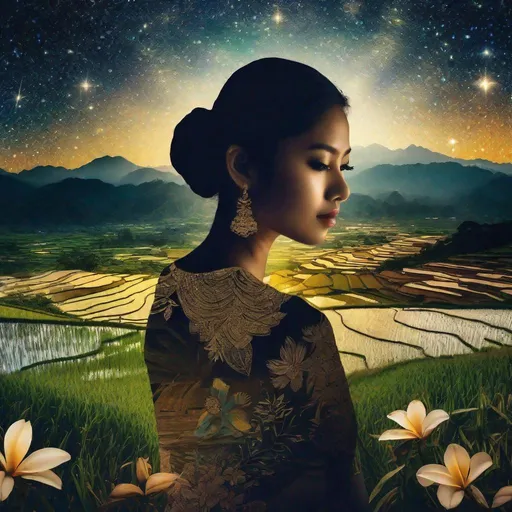 Prompt: double exposure photography, outlined silhouette of pretty young Indonesian woman, (25 year old, round face, high cheekbones, almond-shaped brown eyes, small delicate nose), stunning tropical landscape, (rice fields, tropical flowers, mountains), starry night, double exposure photography, ambient lighting, masterpiece, highly detailed