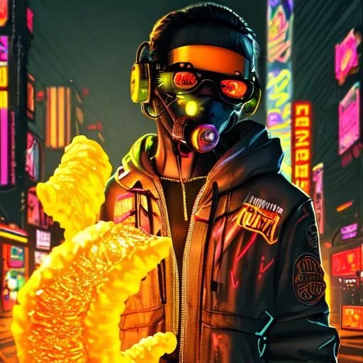 Prompt: Hot funyuns,cyberpunk backround,open,burning 