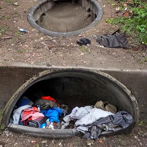 Prompt: Homeless camp inside a old sewer 