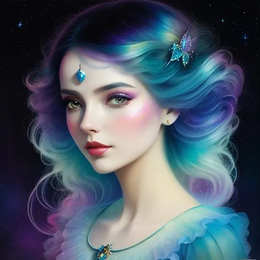 Prompt: cosmic Beauty. Art by artgerm, edre penovac, Daniel Merriam, catrin Welz-Stein, Nicoletta ceccoli, James Jean. Gradient chrome colours. 3d.