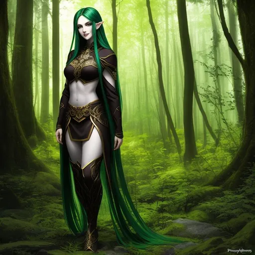 Prompt: ((dark elf)), fantasy, long hair, pale skin, grin, forest, lush trees, symmetrically colored hair, ((full body)) {{good looking}} {{cute}} {{good body}} {{tight}}, {{shadows}},