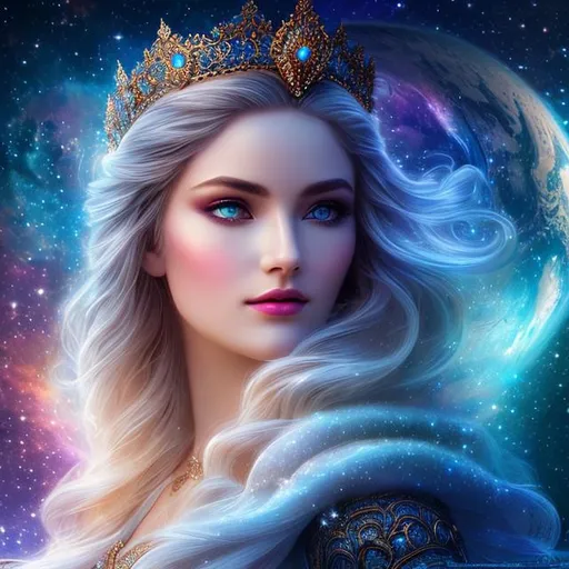 Prompt: create photograph of most beautiful fictional winter female goddess princes with beautiful eyes, extremely detailed face, space and planets an nebulae in sky highly detailed, extremely detailed environment, extremely detailed background, intricate, extremely detailed skin, natural colors , professionally color graded, photorealism, 8k, realistic, moody lighting, ambience lighting