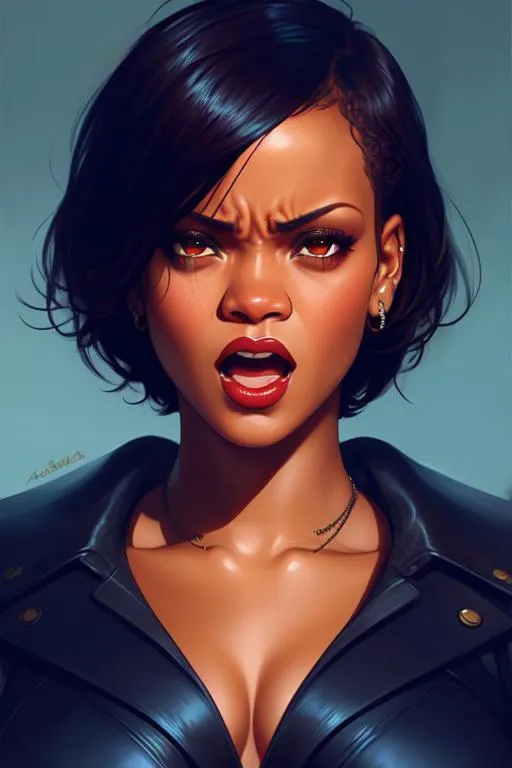Prompt: symmetrical, close-up portrait of angry screaming rihanna, a wicked sidelong glance, very short sloppy hair, by Sabbas Apterus