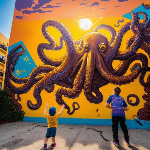 Prompt: Graffiti art of a giant octopus, with a child reaching out to touch its tentacle, imaginative, interactive composition, fantastical atmosphere, golden hour lighting, warm colors contrasting with the cool tones of the mural, urban adventure, digital painting, highly detailed, illustration, art by street artist JKL.
