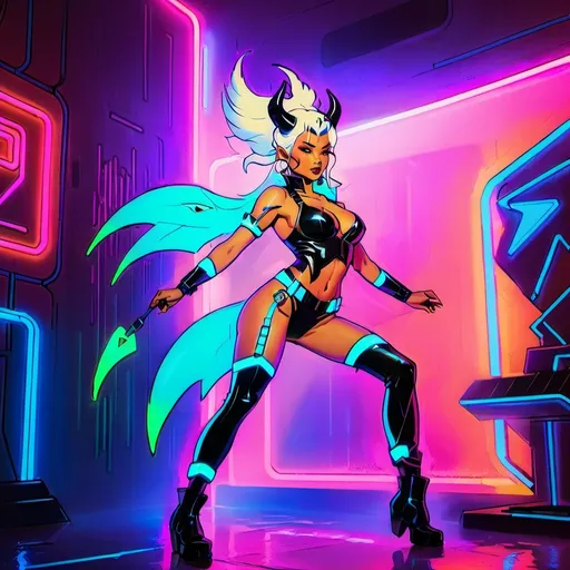 Prompt: a beautiful female demon in a dynamic pose in a retro futuristic synthwave cyberpunk neon paradise.  neon lighting, high quality, beautiful, masterpiece, artistic, synthwave, cyber, retro, futuristic