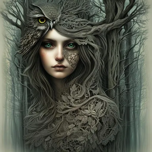 Prompt: "owl face woman, forest, white lace, black leaves, flowers, white background, intricate, detailed, christian schloe"