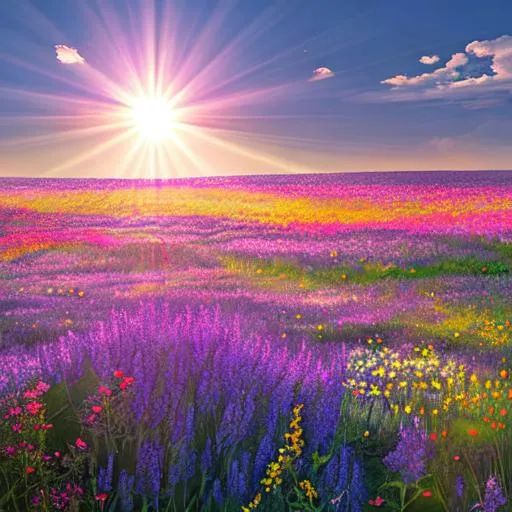 Prompt: sunrays falling on a field of wildflowers,  vivid colors of pink, purple and blue