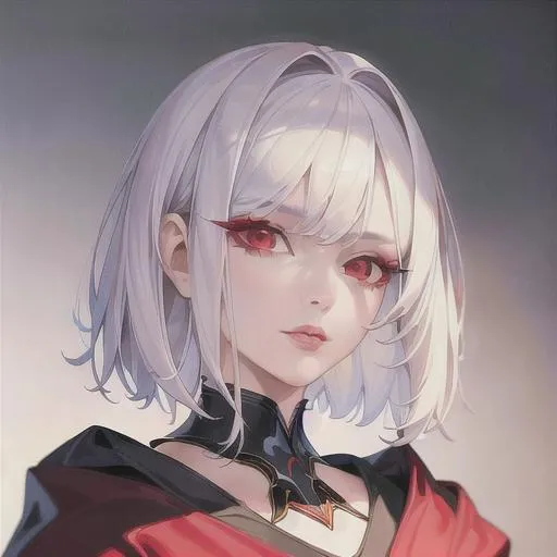 Prompt: (masterpiece, illustration, best quality:1.2), wolfcut, short white hair, red eyes, wearing black robe portrait, mean face, best quality face, best quality, best quality skin, best quality eyes, best quality lips, ultra-detailed eyes, ultra-detailed hair, ultra-detailed, illustration, colorful, soft glow, 1girl, beautiful girl, princess like, small golden crown on top