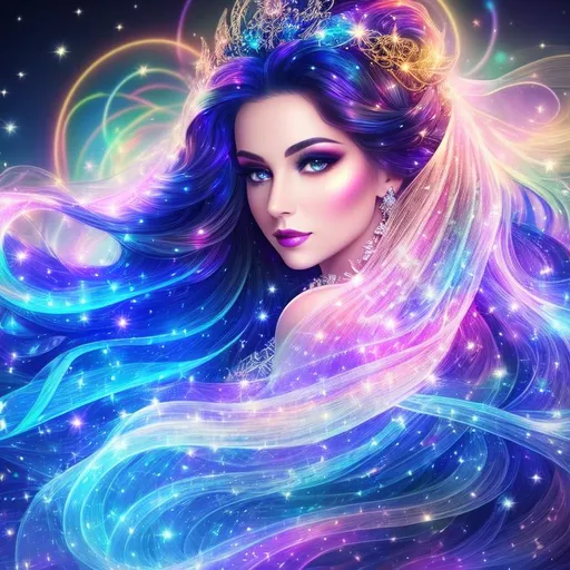 Prompt: 3/4 view of a woman's face, bold nose, ((intricate long flowing multicolored curly
 hair)), (long flowing gown), (filigree hair decoration), sparkling veils, snow white skin, ethereal, luminous, fireflies, galaxy background, neon light trails, glowing, nebula, dark contrast, celestial, trails of light, sparkles, 3D lighting, celestial, gold filigree, soft light, stained glass halo, vaporwave, fantasy