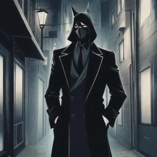 Prompt: very tall figure wearing a trenchcoat wearing a black mask, in a alleyway with a club sign behind at night