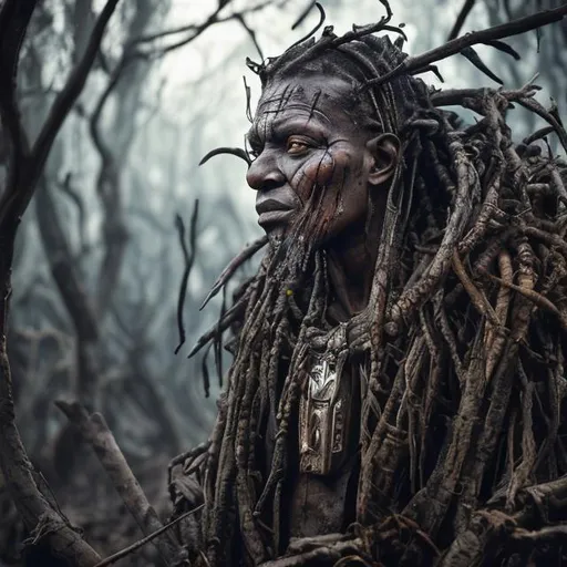 Prompt: Menin old King shaka's kraal with dark  colored skin, grey hair and scarred face, dark woods, perfect composition of futuristic high tech world and encient African world, super detailed, 8k, high quality, sharp focus, Low angle shot, highly detailed, Loonaticbrands