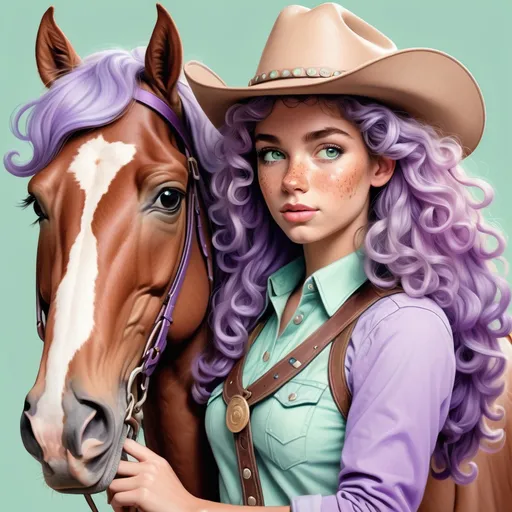 Prompt: Ilustración estilizada no realista.  Usa colores pastel (suaves pero vibrantes)Hay una cowgirl de pelo rizado, y de algun color pastel oscuro oscuro, ojos pastel de ina mezcla de verde y marron pastel oscuro, con pecas y un sombrero de cowboy, con un caballo morado pastel. La crin, el flequillo y la cola son morado pastel mas oscuro. en la cara en caballo tiene una mancha ancha blanca de arriba abajo en centro.