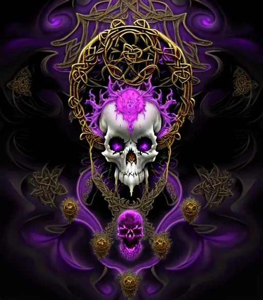 Prompt: scary horror 3D HD Mandelbrot Julia Fractal inky plasma gold silver purple yellow jade {celtic}skull freeform dark chaos --s98500