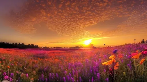 Prompt: A picture of a  meadow full of flowers with a big sunrise in a sunny day with few clouds