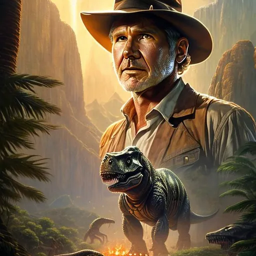 Prompt: ultra realistic illustration for movie starring Harrison Ford entitled 'Indiana Jones in the Valley of  the T-Rex', intricate, elegant, highly detailed, digital painting, artstation, concept art, smooth, sharp focus, illustration, art by artgerm and greg rutkowski and drew struzan