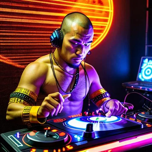 Prompt: tribal monk cyber punk man djing on turn tables  at a huge rave party smoking weed with females