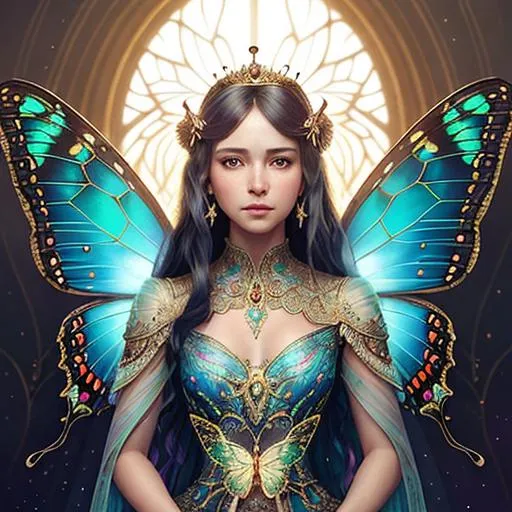 Prompt: A beautiful butterfly queen. Beautiful face. glowing wings, Intricate details, epic beautiful  opalescent dress, lots of layers, intricate brass details, ornate with intricate colorful butterflies.  By Greg Rutkowski, carol bak, catrin welz-stein, artgerm, Anna dittmann.  Backlit 