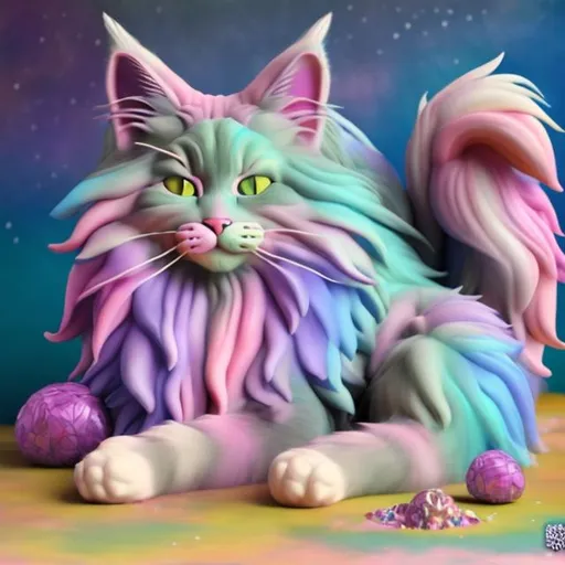 Prompt: Pastel Maine coon cat diorama in the style of Lisa frank