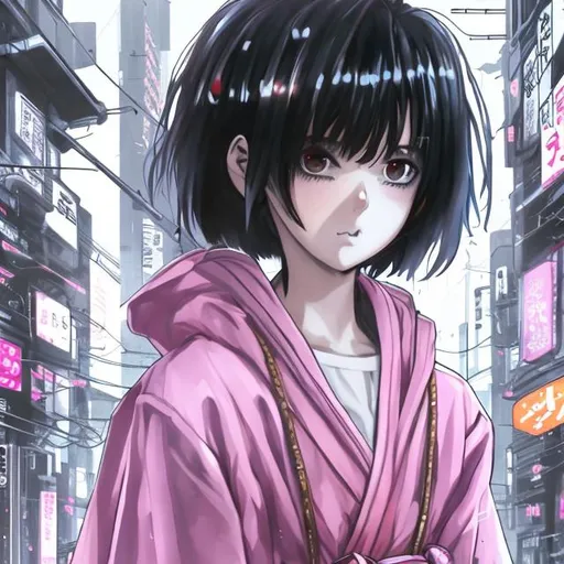Prompt: an anime girl with an umbrella.
Black hair, white eyes.
Dressed with a pink bathrobe.
Draw with pencilin a cyberpunk world.
Kentaro miura style.
No hands on the screen.
She is watched from the back but looks in camera