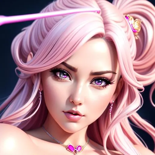 Prompt: Hyper realistic detailed full body image of feminine ((sexy woman)) who has ((pink heart shaped eyes)), ((soft pink hair)) with ((sexy cupid 
 outfit)) with plunging neckline, bow and arrow, romantic, love, balayage wild hair, angry pouting face expression, highly detailed, digital painting, Trending on artstation, HD quality, ((huge breast)), ((sexy))