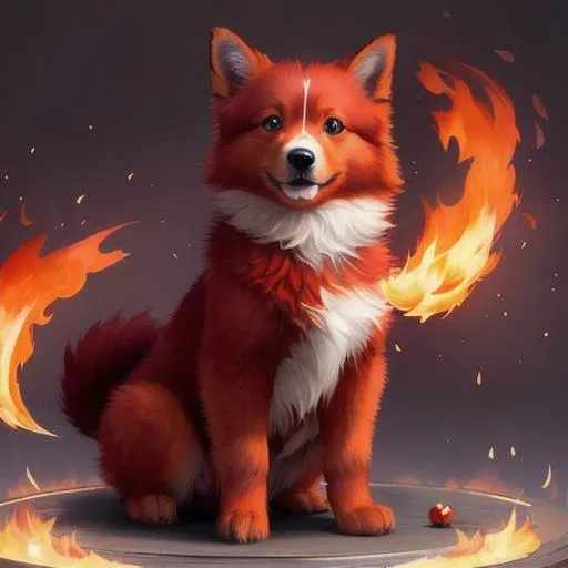 Prompt: Cute, red, fluffy, fire puppy, possessing the element of fire and making circles of fire
 move around in the air in a magical way. Perfect features, extremely detailed, realistic. Krenz Cushart + loish +gaston bussiere +craig mullins, j. c. leyendecker +Artgerm.