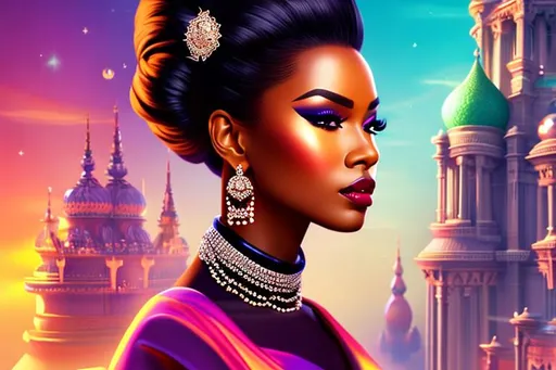 Prompt: head-on, surreal cartoon, high fashionista pose, glossy, walking toward viewer, stunning dark skinned queen of the universe with hair pulled back into a bun, she is dressed like a summer queen, dramatic jewelry, statement necklace, background is architecture lit by the moon,  trending on artstation