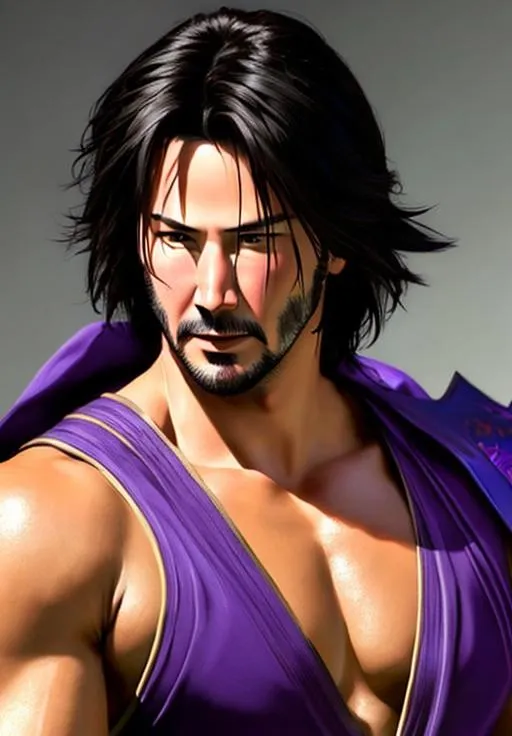 Prompt: an attractive Keanu Reeves from Ninja Gaiden  toned ninja wearing purple ninja endboss armor, determined, fierce, hero, dirty, cloak, dramatic in a field with ultra realistic black hair and Ultra realistic eyes, realistic tan complexion , muscular body, fantasy character portrait, ultra realistic, concept art, intricate details, studio lighting, symmetrical, ideal human, ultra details, super detailed, 64k, detailed body, full body, looking into the camera smooth, sharp, focus; illustration, golden ratio. By Ilya Kuvshinov 
