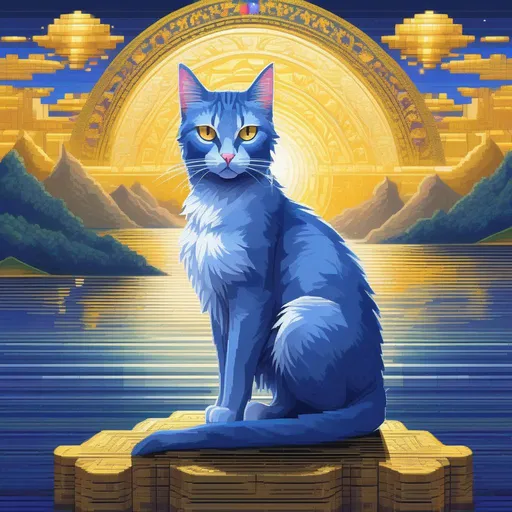 Prompt: (pixel art), beautiful {blue cat}, with {silver eyes}, white chest, presenting magical jewel, looking at viewer, glaring through fourth wall, layers of golden mountain silhouettes, enchanted golden crystal lake, fantasy, cinematic, retro, twilight, highly detailed, golden jewel on forehead, beautifully detailed shading, complementary colors, golden ratio, SNES graphic, Sega genesis graphics, 16 bit, character concept, perfect composition, beautiful proportions