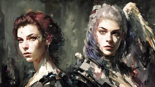 Prompt: Beautiful faces, man and woman, death, destruction, mayhem, cyberpunk, angels, demons