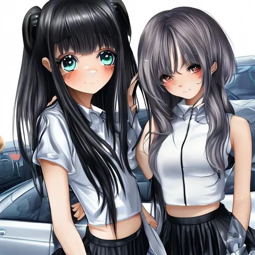 an anime girl next to a mercedes