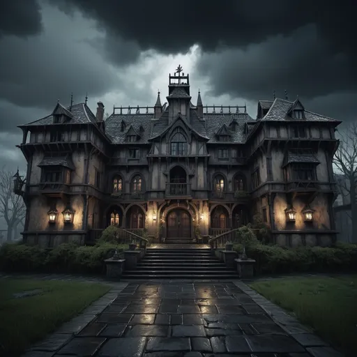 Prompt: detailed Medieval mansion in town, Warhammer fantasy RPG style, eerie atmosphere, dark and gloomy, detailed architecture, haunting ambiance, highres, ultra-detailed, realistic, medieval, eerie atmosphere, atmospheric lighting, daunting mansion, detailed surroundings, warhammer fantasy RPG, dark tones, after rain, stormy weather, dynamic