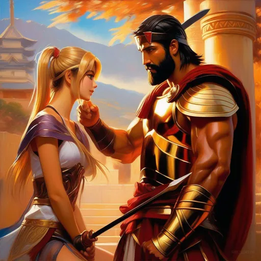 Prompt: King Leonidas meets anime girls, anime style, extremely detailed painting by Greg Rutkowski and by Henry Justice Ford and by Steve Henderson 