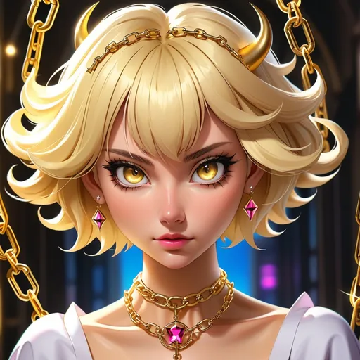 Prompt: Portrait, detailed, magical girl, demon, sin of pride, chains, blonde short hair, golden