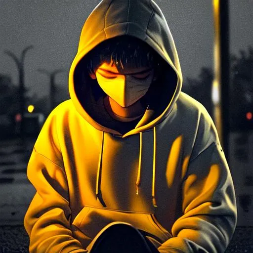 Prompt: Young teenage boy in a dark grey hoodie on the curb of a street curled into his body with his face in his hands near a gas station with a street light that is glowing an orange yellow color. On a rainy day without showing his face, feet are facing to the left of the screen dark lighting marvelous glow on light slight glow through clouds from moon amazing fantastic outstanding rain droplets on concrete 