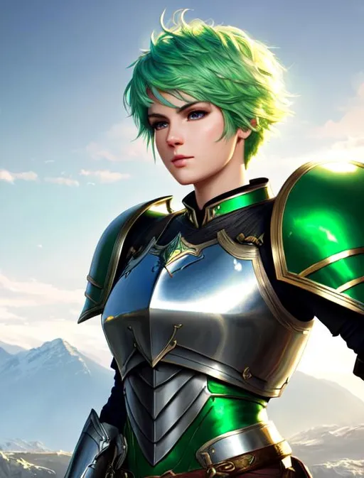 Prompt: oil painting, fantasy,  UHD, hd , 8k, , hyper realism, Very detailed, zoomed out view of character, panned out view, full character visible, Human Paladin in shining white armour, short green hair.