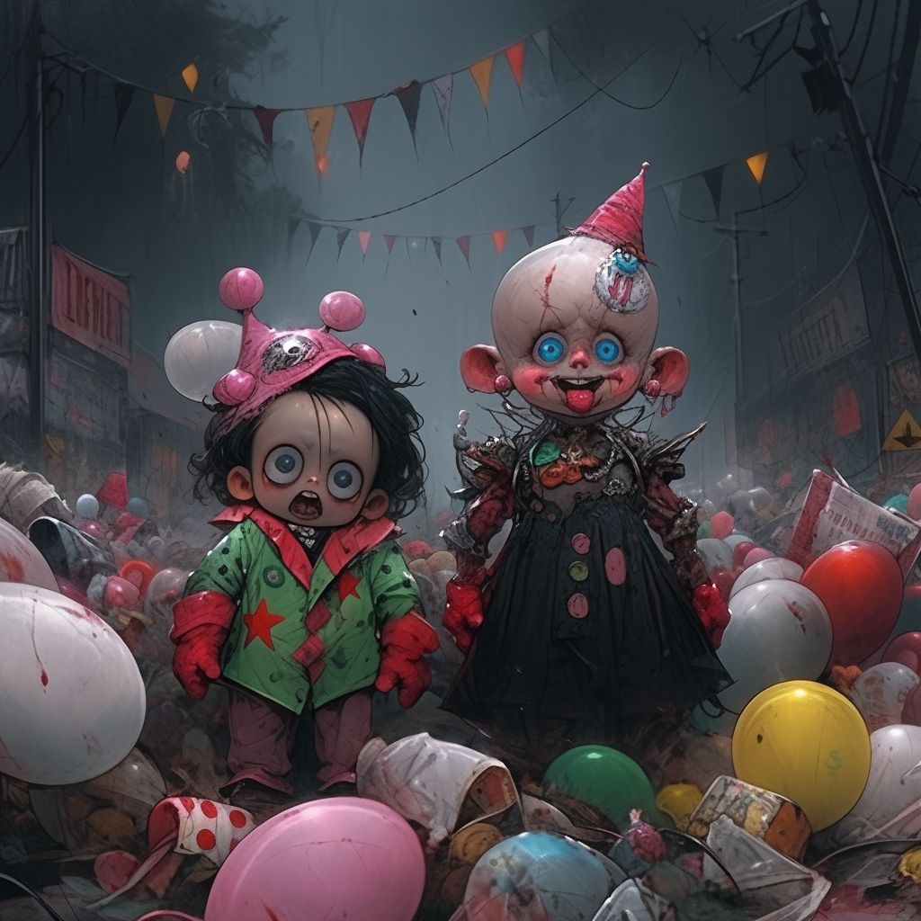 Prompt: dark surreal horror story staring the garbage pail kids