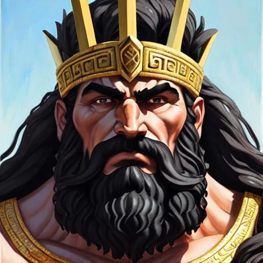 Prompt: Cronus, the Greek Titan of agriculture, powerful and imposing figure with a regal bearing and an air of authority, mature and black bearded man with a muscular build and a stern expression, wears a crown, strong and angular lines and deep-set eyes, realistic oilpainting
