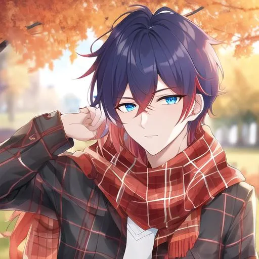 Prompt: Zerif 1male (Red side-swept hair covering his right eye, blue eyes), highly detailed face, wearing a cozy flannel shirt and a pair of stylish jeans. In the park, fall.  wearing a scarf, looking up at the sky, in a pumpkin patch, adult. Handsome,  detailed, UHD, HD, 4K, highly detailed, red haze, masculine, anime style