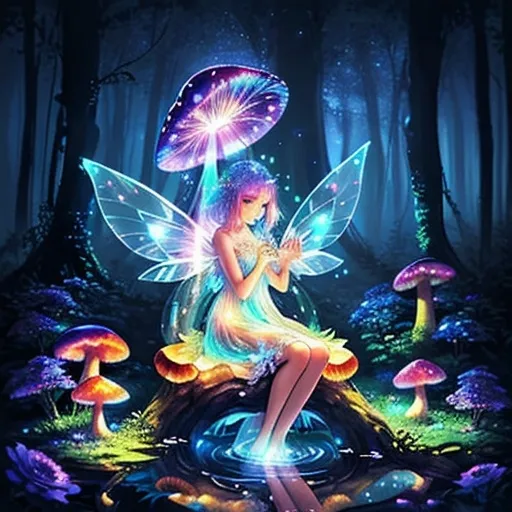 Prompt: "A magical fairy glowing with soft, radiant light, sitting on a large mushroom in an enchanted forest. The forest is filled with sparkling fireflies, glowing flowers, and vines hanging from ancient trees. The fairy has delicate, translucent wings that shimmer with rainbow hues, wearing a dress made of petals and leaves. A stream flows gently nearby, reflecting the moonlight, creating an ethereal atmosphere. The scene is full of mystery and wonder, with vibrant colors and intricate details."