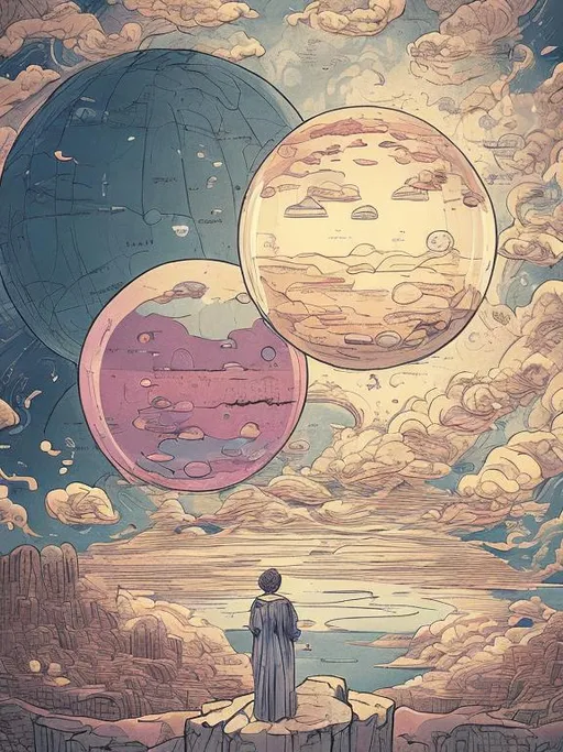 Prompt: Imagine a person standing at the edge of a cliff, with a clear view of a beautiful landscape ahead. The person has their arms outstretched and their eyes closed, as if in deep concentration. From their mind, vibrant thought bubbles are emanating, filled with various images representing their desired outcomes: a diploma symbolizing education, a globe representing travel, a dollar sign representing financial abundance, and so on. These thought bubbles are morphing into physical manifestations that hover in the air around the person, ready to be realized. Birds are soaring above them, representing freedom and endless possibilities. The scene is bathed in warm, golden sunlight, symbolizing positivity and empowerment. This concept visually captures the idea of transforming thoughts into real-world results through the power of manifestation.