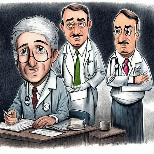 Prompt: cartoons of doctors tensed as they don't have the idea of a women's disease

