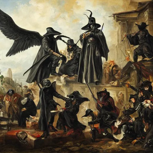 Prompt: fallen angel, plague doctor, battle, painting