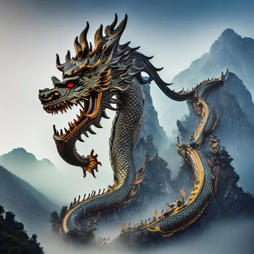 Prompt: Please create a professionally taken photograph (portrait), best quality, (8k, RAW photo, best quality, masterpiece:1.2), (realistic, photo-realistic:1.4), ultra-detailed, perfect detail. Chinese dragon in misty mountains