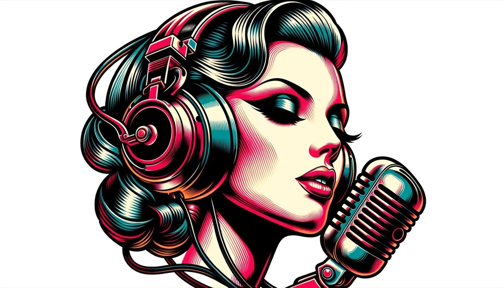 Prompt: the illustration is of a woman wearing headphones, in the style of dieselpunk, bold lines, vivid colors, classic hollywood glamour, airbrush art, iconic album covers, darkly detailed, caricature-like illustrations in wide ratio