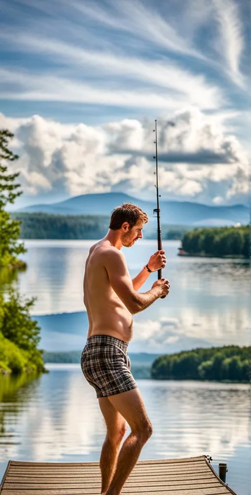 Prompt: Long shot, wide angle, 24mm lens, country guy fishing in his boxer briefs. It's a beautiful summer day at his lake house in northeastern Pennsylvania. 