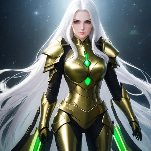Prompt: oil painting of young women wearing silver heavy mechanized armor standing,
stunning face,
long white hair,
gold armor details,
long silver cape,
glowing halo effect,
green screen movie scene,
medium shot,
UHD