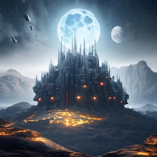Prompt: Gigantic futuristic fortress in the middle of a massive mountain landscape, 8K, realistic, the moon