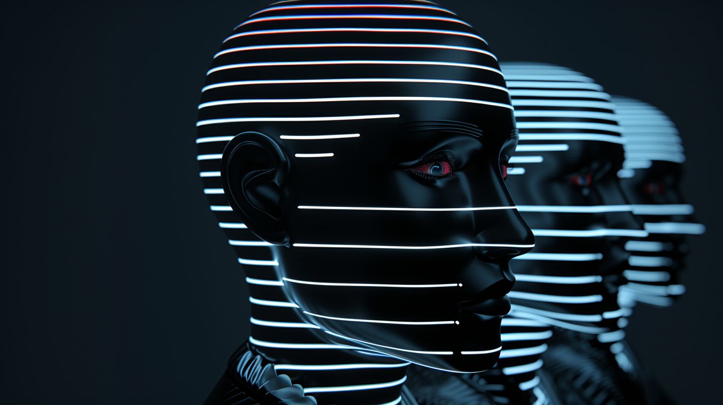 Prompt: A face in the dark, reimagined with a high-tech futuristic twist inspired by Apollos Tzavahniki. The stop-motion animation style is transformed with vibrant horizontal stripes, a light silver and dark navy color scheme, and intense chrome reflections. Mind-bending patterns blend seamlessly with the futuristic robots, creating an otherworldly atmosphere