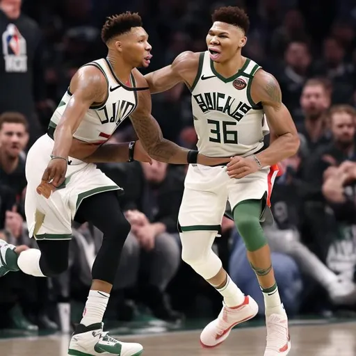 Prompt: Dame lillard and Giannis antetokounmpo stomping on every other teams